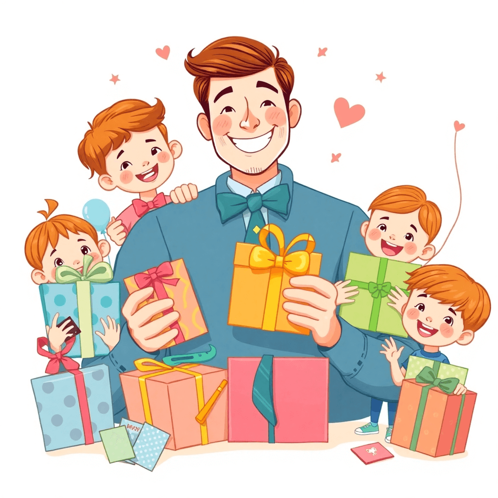 a father with gift boxes and children