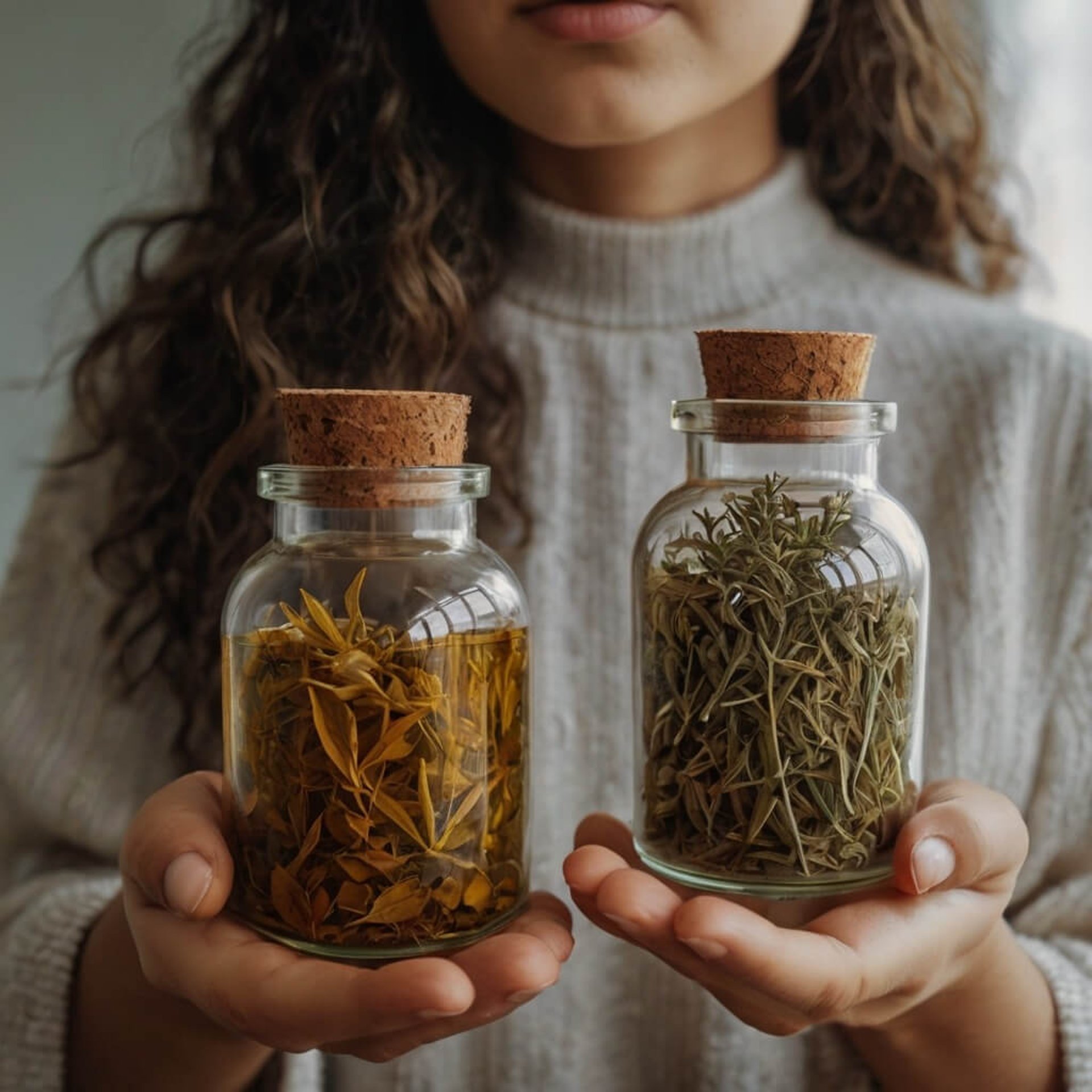 two bottles with herbs and oil
