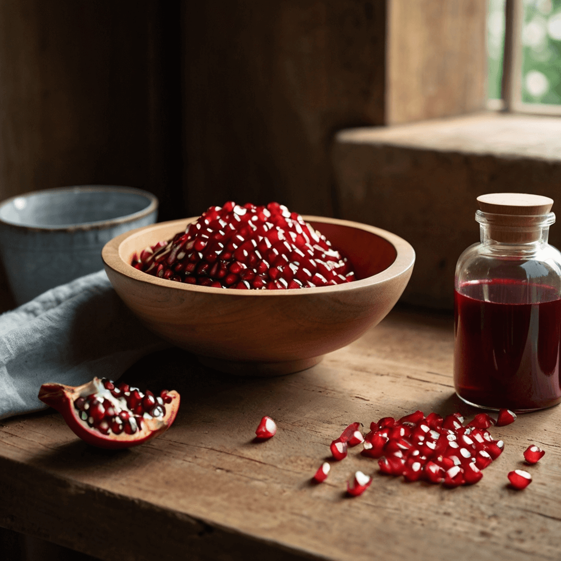 pomegranate seeds inside a bowl with half a pomegranate and a bottle of oil on a table