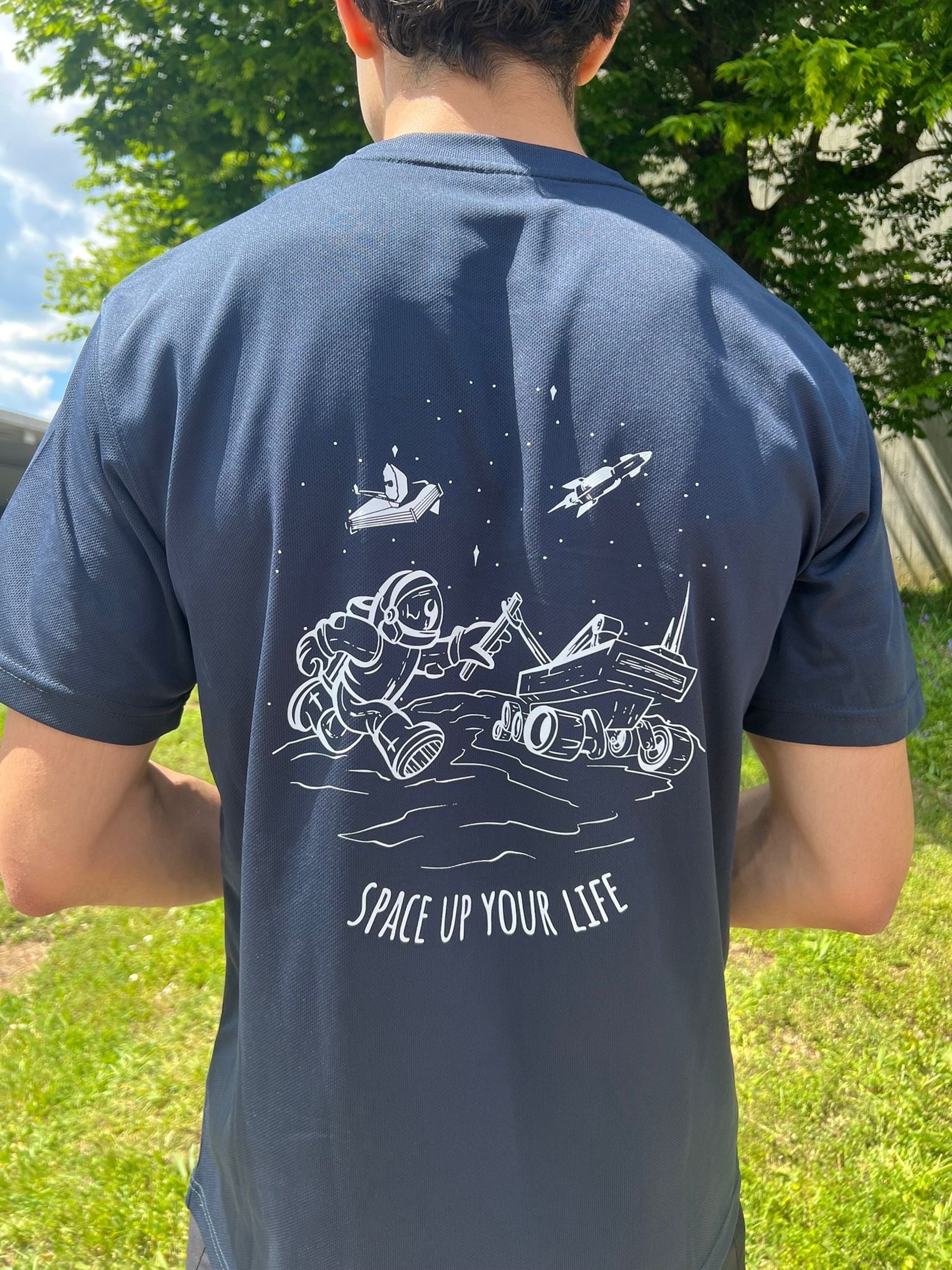 Custom T-shirt for ETH Zürich space with an astronaut, a rover, a rocket and the James Webb telescope