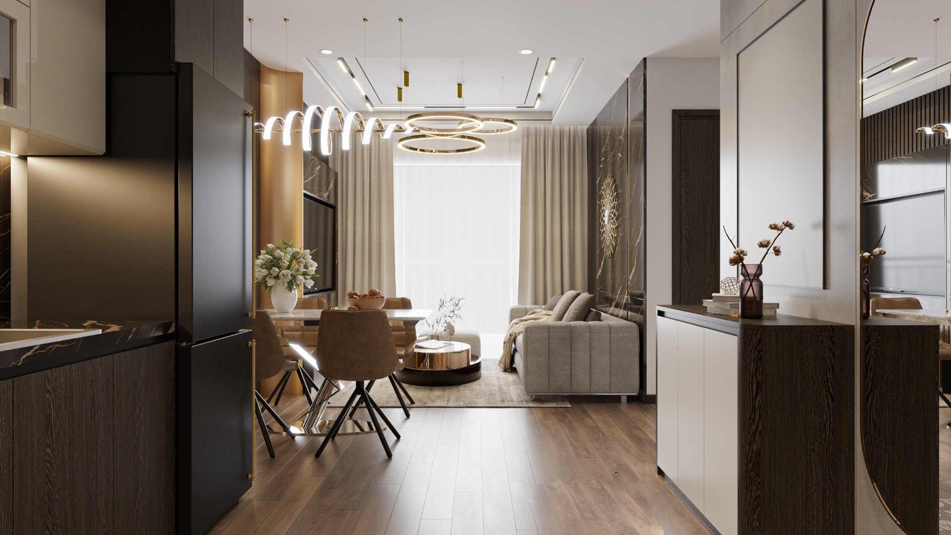 living room set with green dumb cane plant