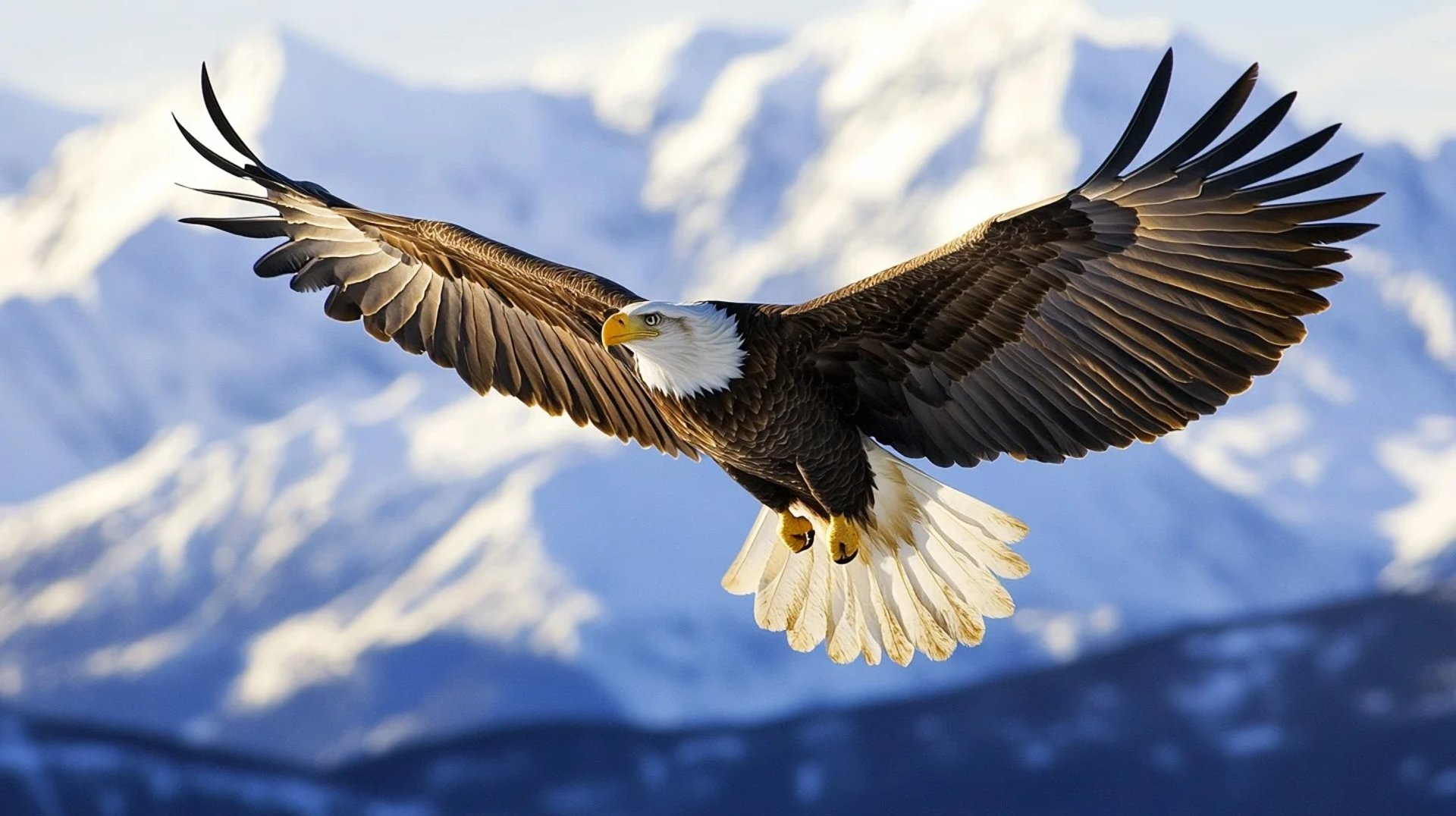 bald eagle flying on skies
