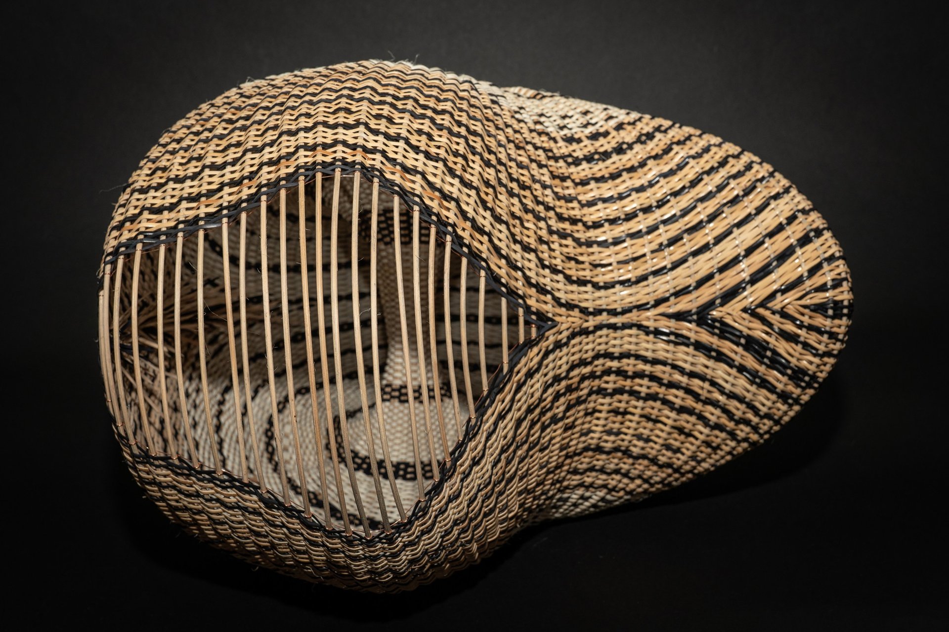 side view of woven torus, black and white radiating stripes open weave basket art, Dr Seuss, topology 