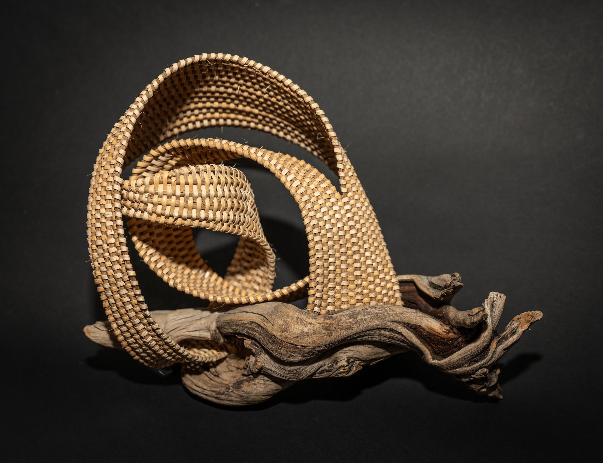 woven sculpture art basket driftwood monochromatic spiral