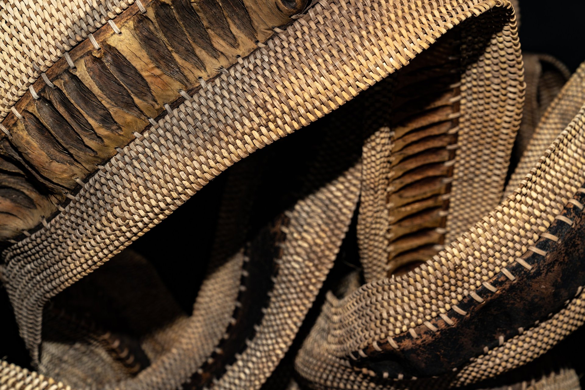 detail woven sculpture tangled stained rustic modern seed pods stitching