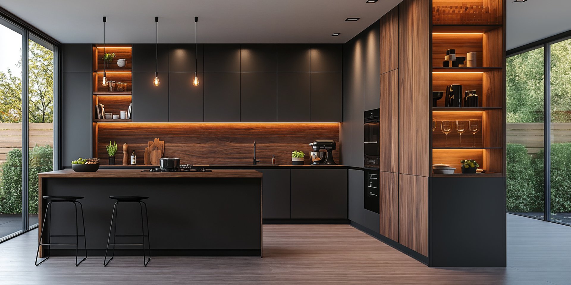 a modern kitchen with a bar and stools
