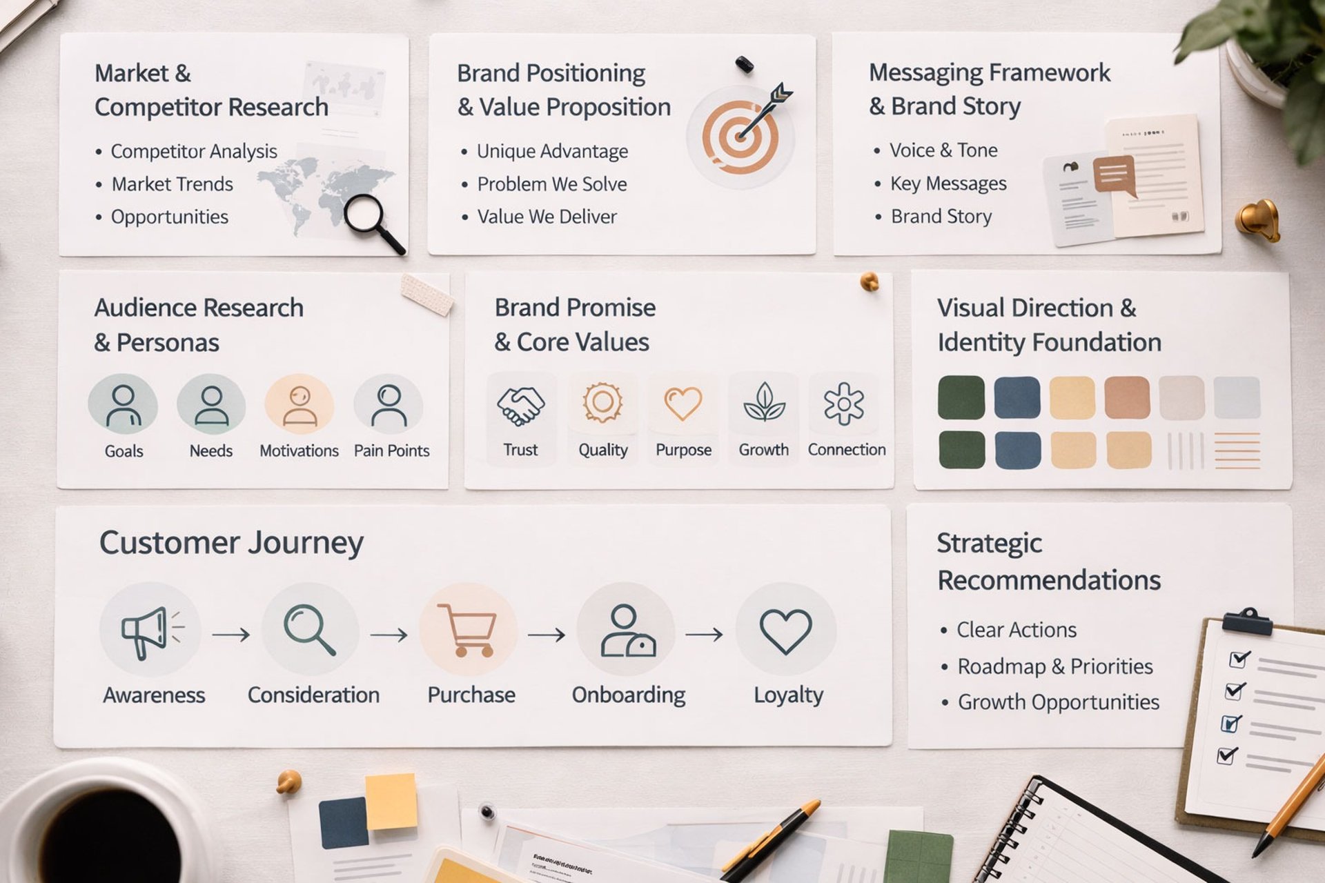 Brand strategy showing key components including market research, audience personas, brand positioning, messaging