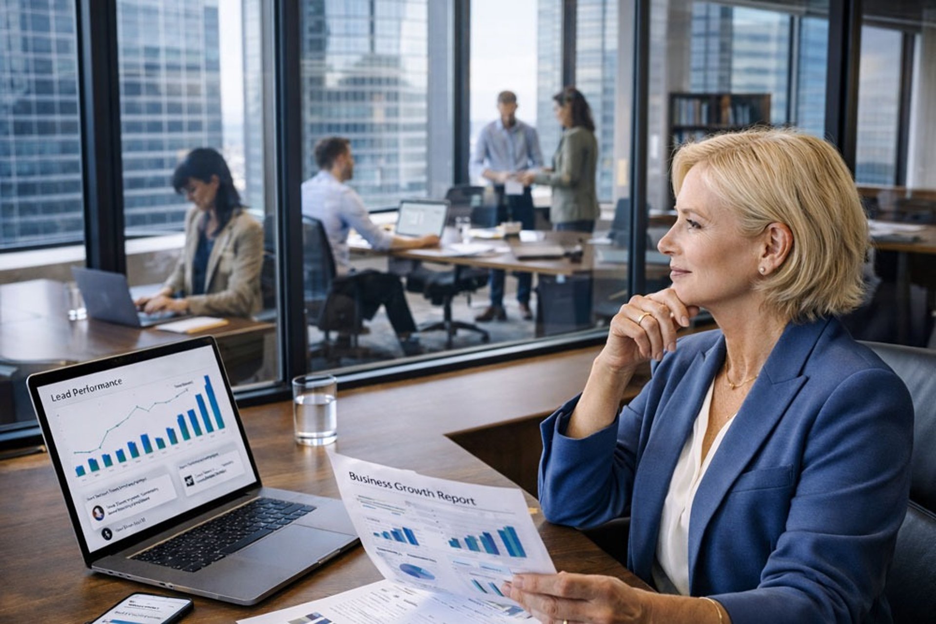 Business leader reviewing growth, leads, and business performance while overseeing a busy team