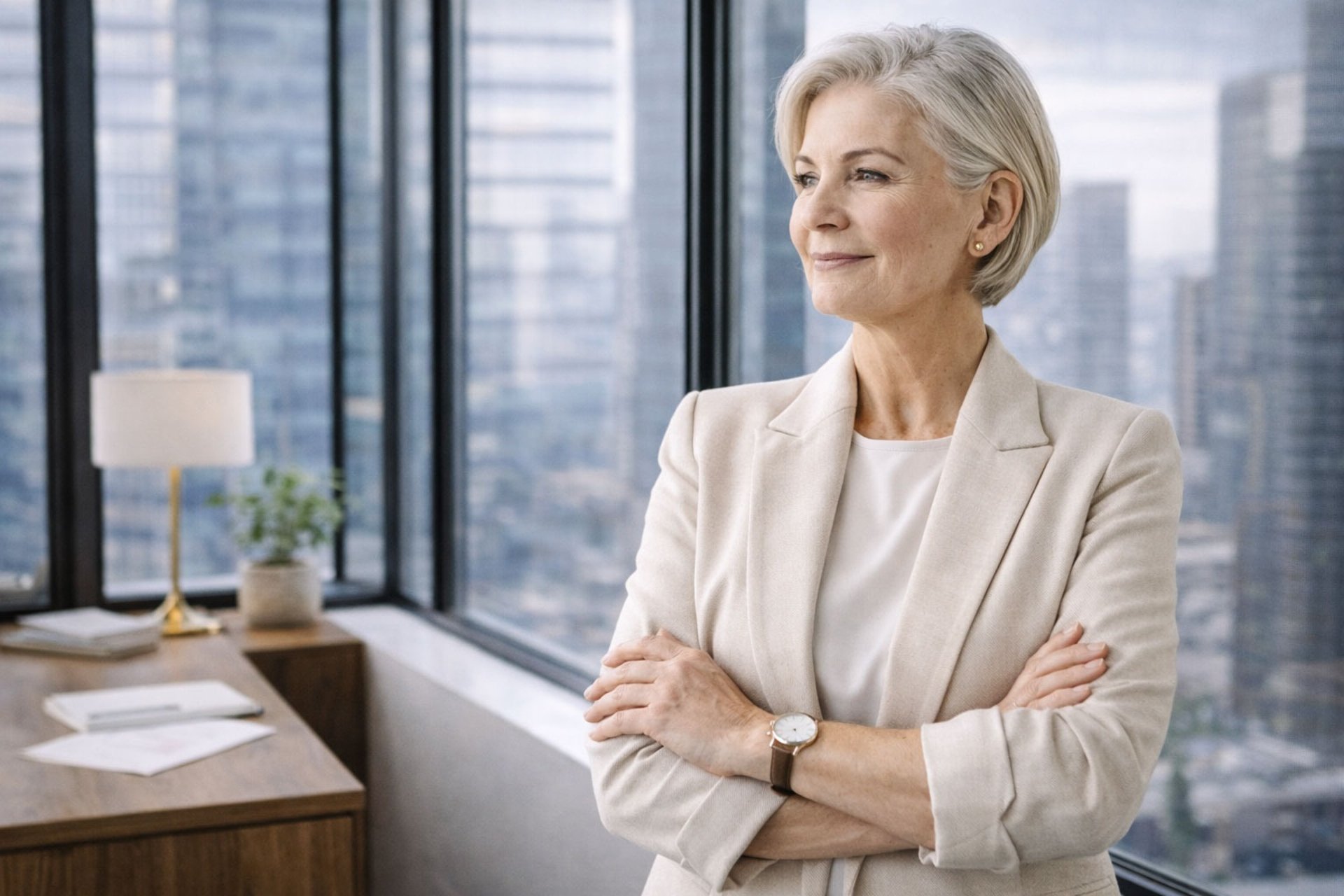 Confident business woman in a high-end office representing the results of strong brand strategy, clear brand positioning