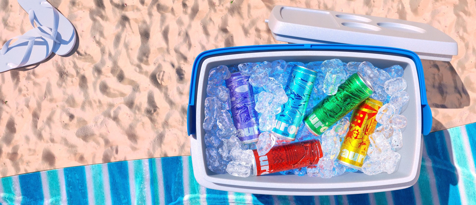 Cerveja Aurora em 3D, lata vermelha em cooler com gelo, ambiente de praia.