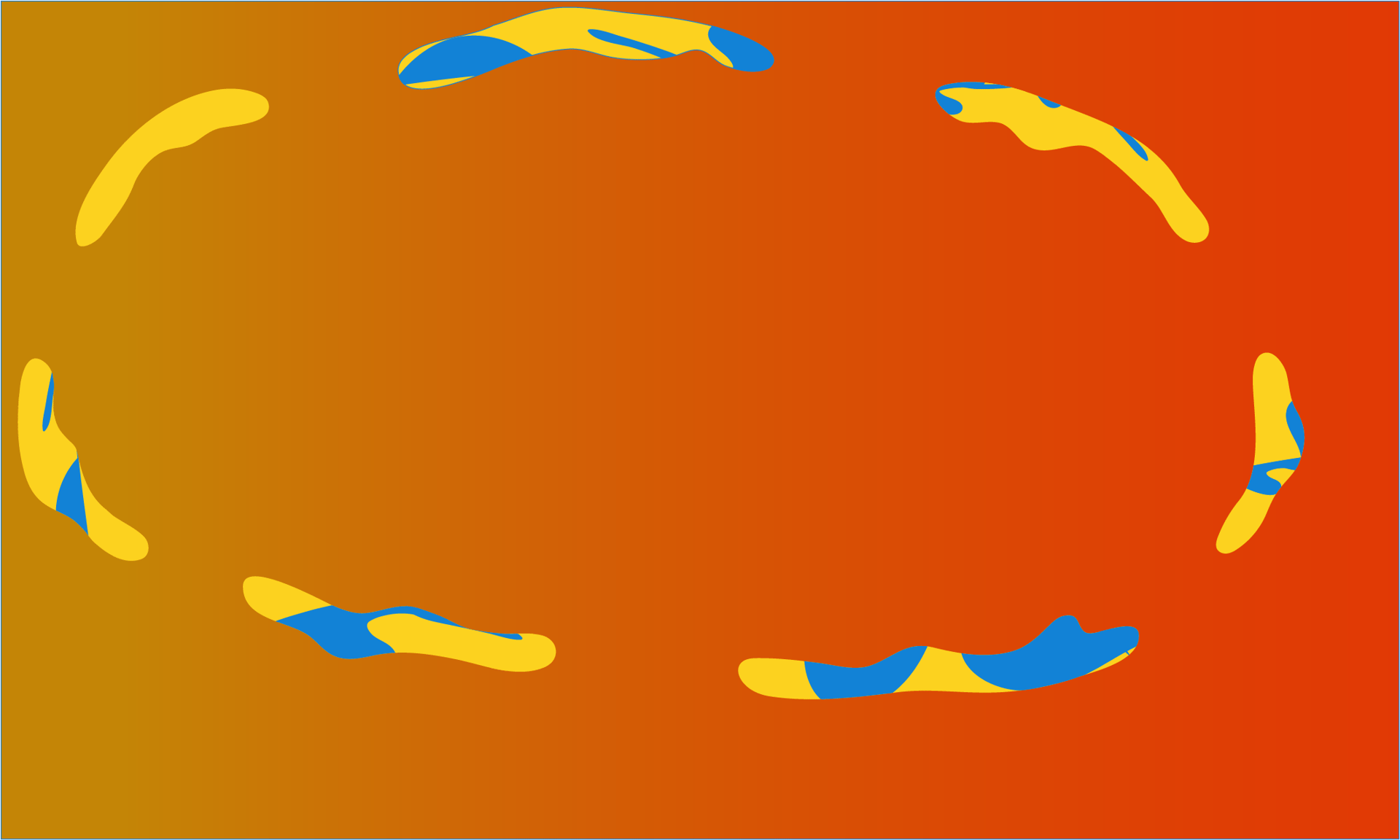 Yellow base and Blue accent Splash Rings in wide circle with Warm Yellow to Burning Red Gradient Background