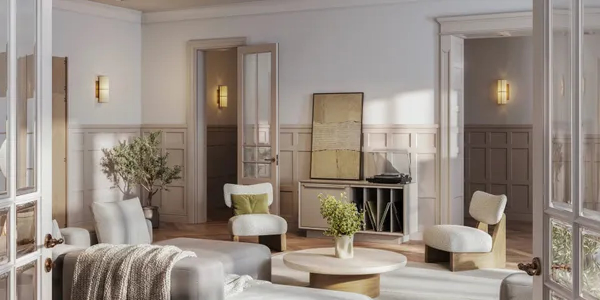 bright modern living room with neutral tones and large windows – Rise Up Window Coverings Milwaukee