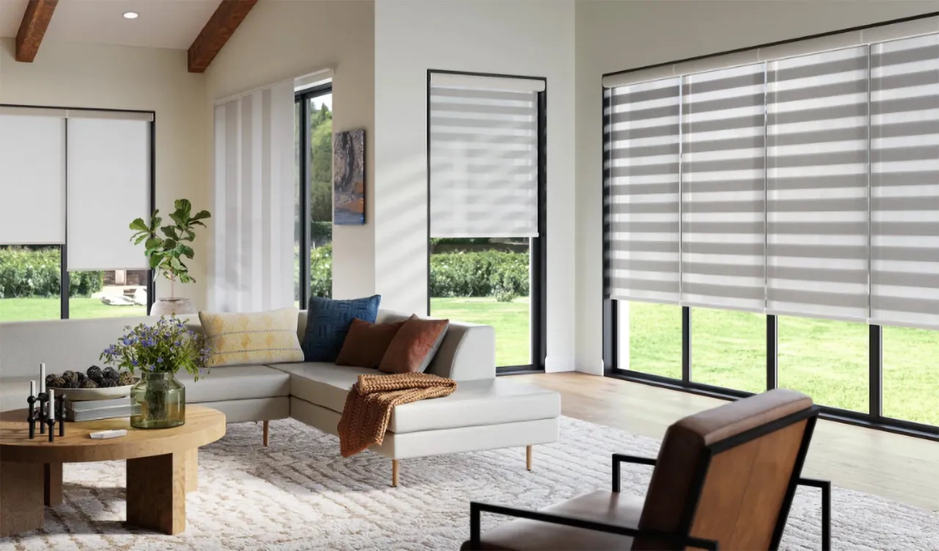 living room with zebra shades and natural light – Rise Up Window Coverings Milwaukee