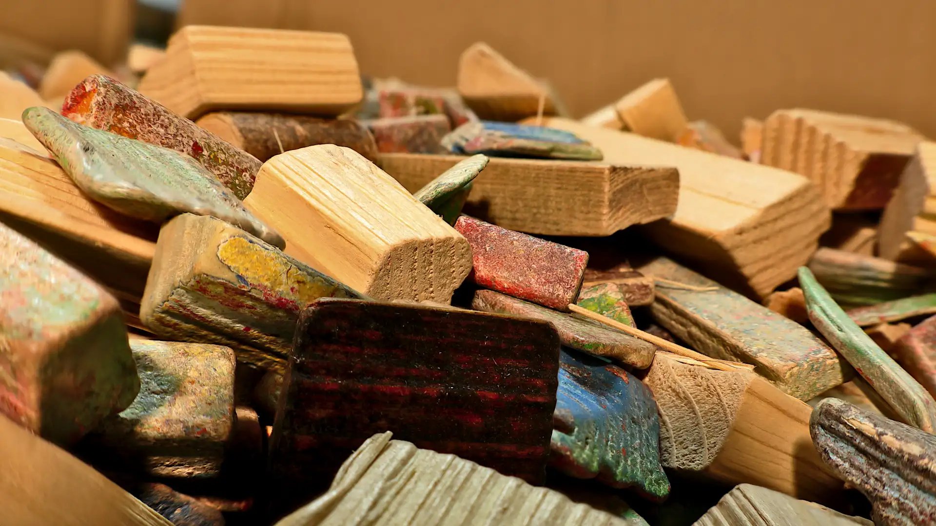 Nahaufnahme von naturbelassenen und geschliffenen Holzscheiten