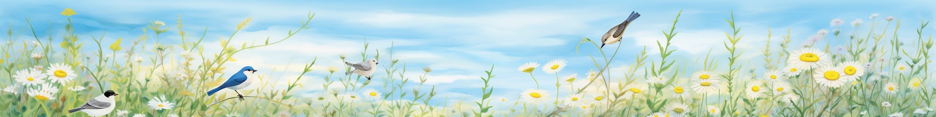 Charming meadow with daisies and wildflowers, four birds perched among stems under bright blue sky.