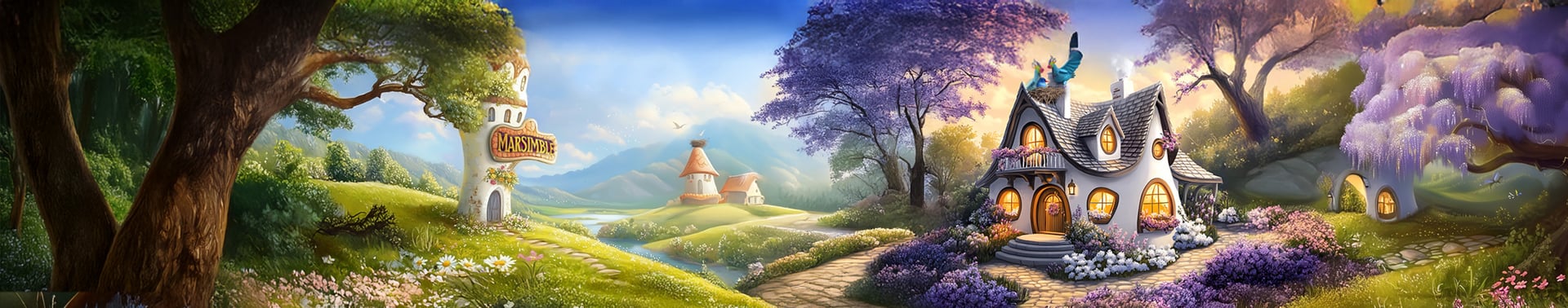 Whimsical countryside with Marsimble tower, cozy cottage, lilac villa, lilac trees, and dreamy golden light. Birds in nests