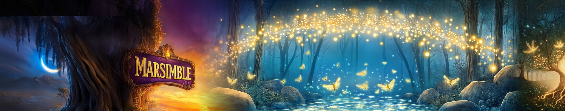 Magical Marsimble sign, glowing fireflies over forest stream, and golden tree in twilight woods.