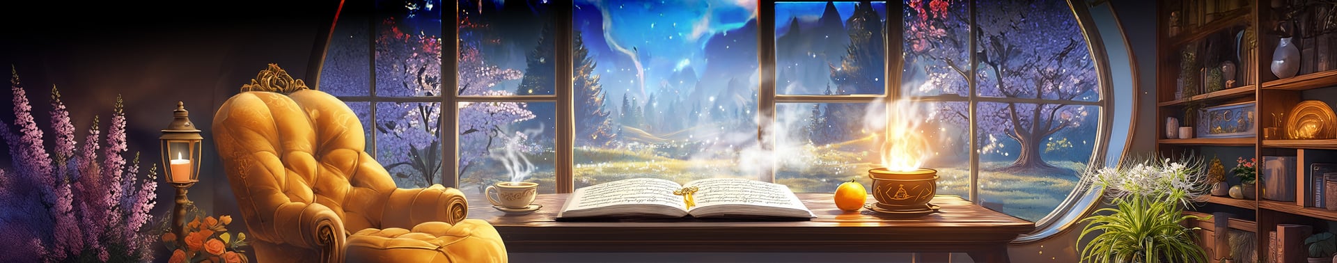 Cozy reading nook with golden chair, open book, steaming tea, and magical view of blossom trees.