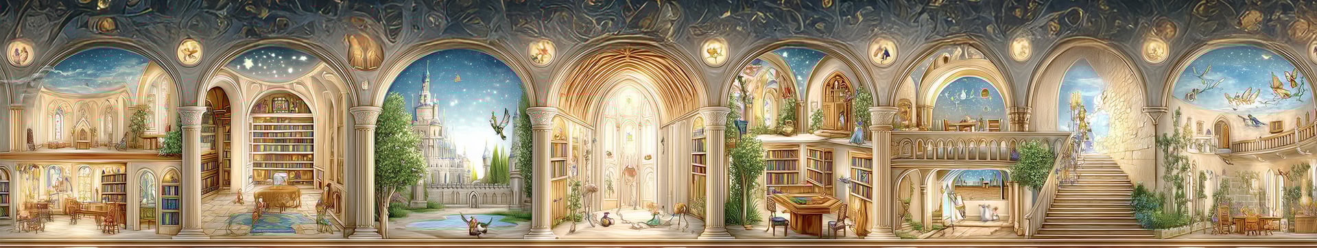 Whimsical fantasy library with arches, glowing books, celestial ceiling, and dreamlike reading rooms.