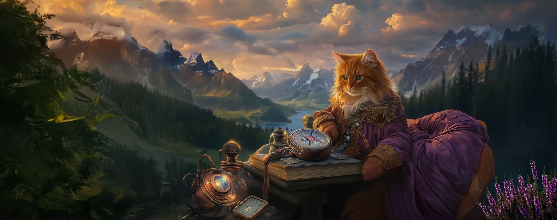 Regal cat in purple robe studies map and compass at sunset, overlooking majestic mountain valley.