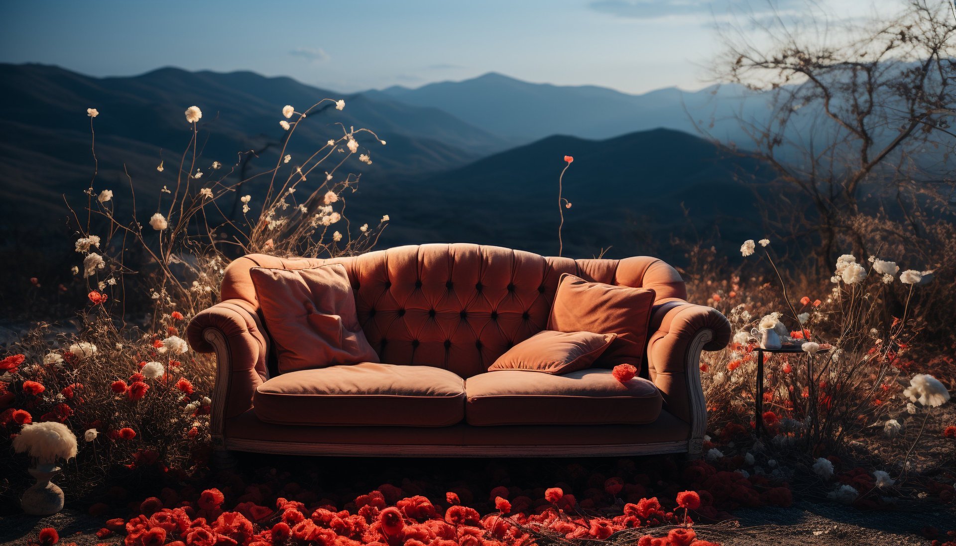 blue leather loveseat surrounded by grass
