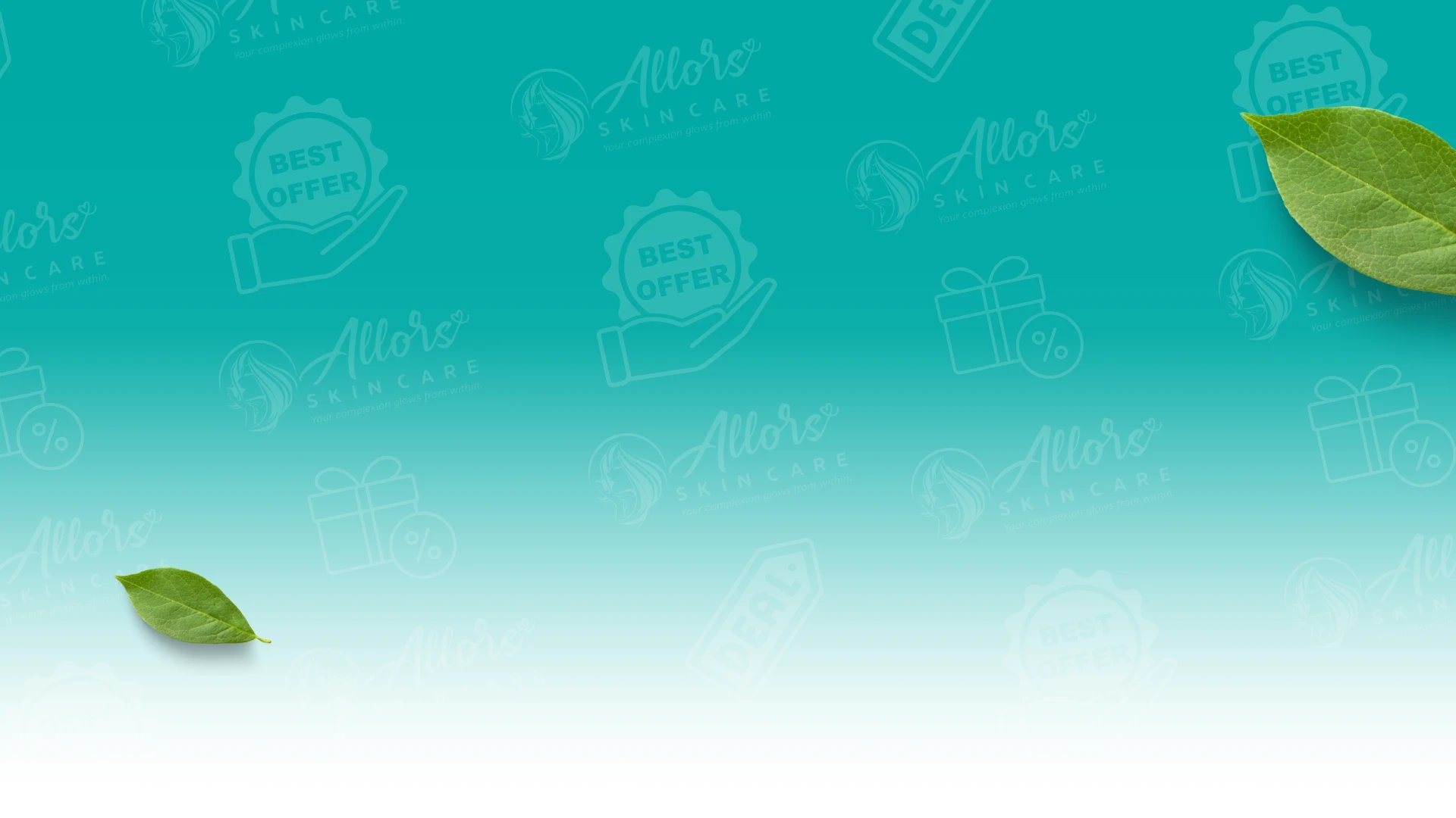 Teal gradient background featuring subtle "Allor's Skin Care" logos, "Best Offer" badges, and green leaves on the left.