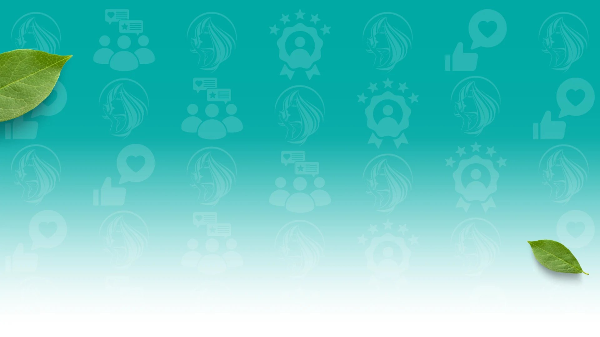 Teal background with soft icons of reviews, hearts, and awards, accented by green leaves—Allors Skincare themed design.