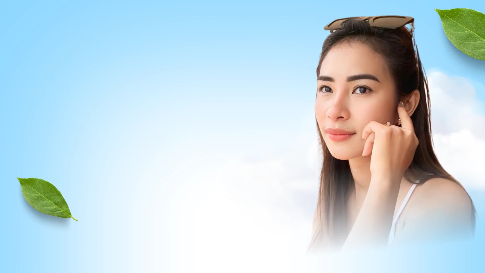 A woman with long hair poses thoughtfully against a teal background featuring skincare and wellness themes