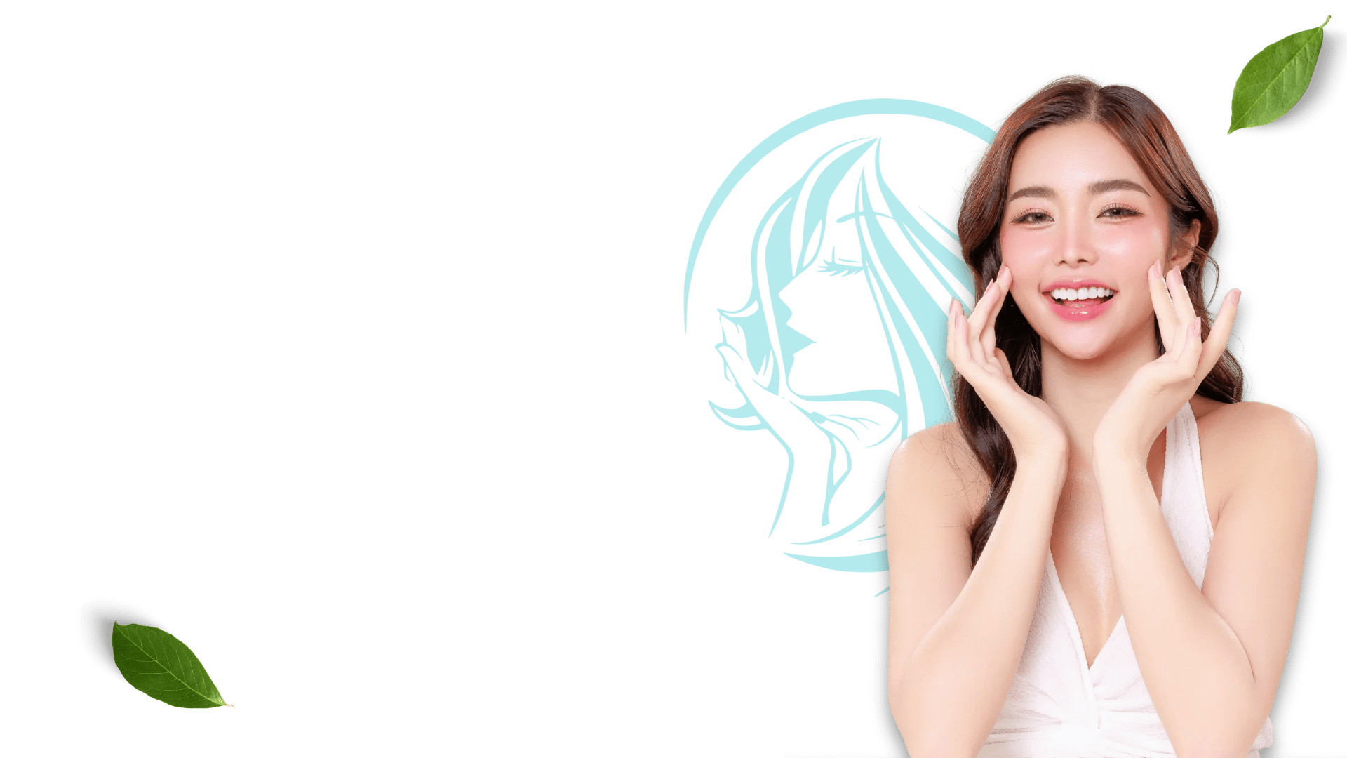 Allors woman model with wavy brown hair holds her face softly against a dark backdrop with a stylized silhouette Allors Logo