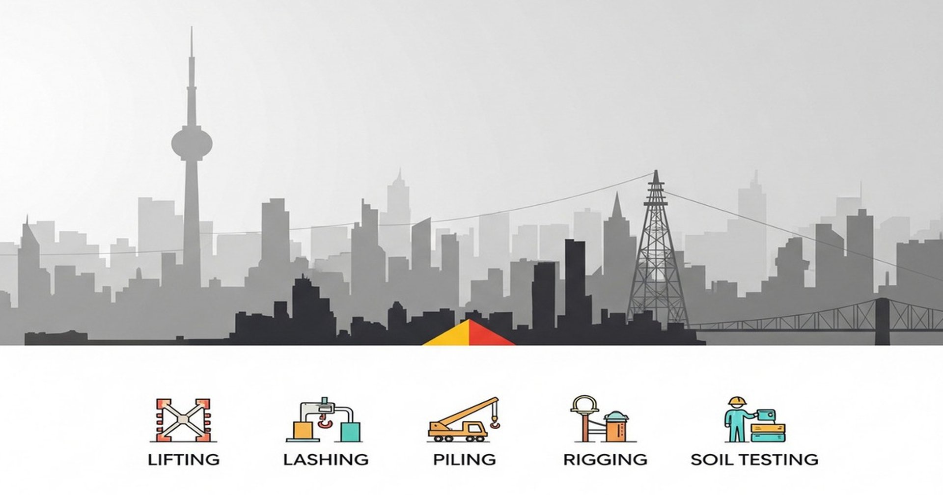 llustration of lifting, lashing, piling, rigging and soil testing services by LALSINDIA with city skyline backdrop