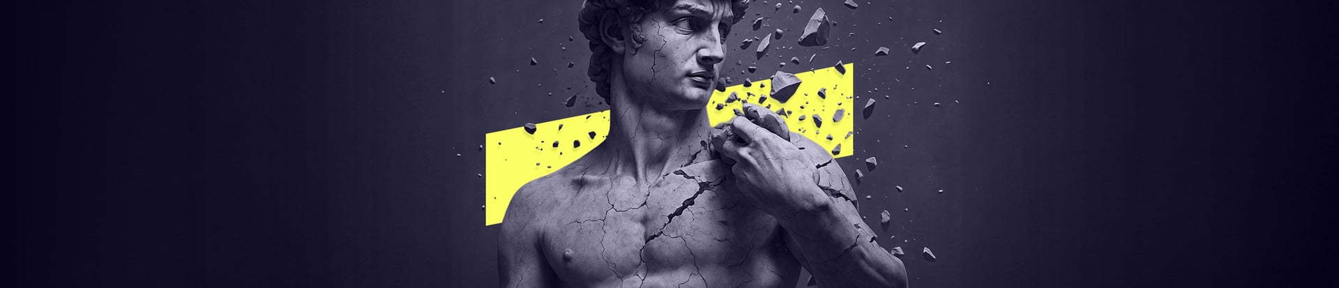 Wide banner image of cracked statue of David used in Badass Man branding