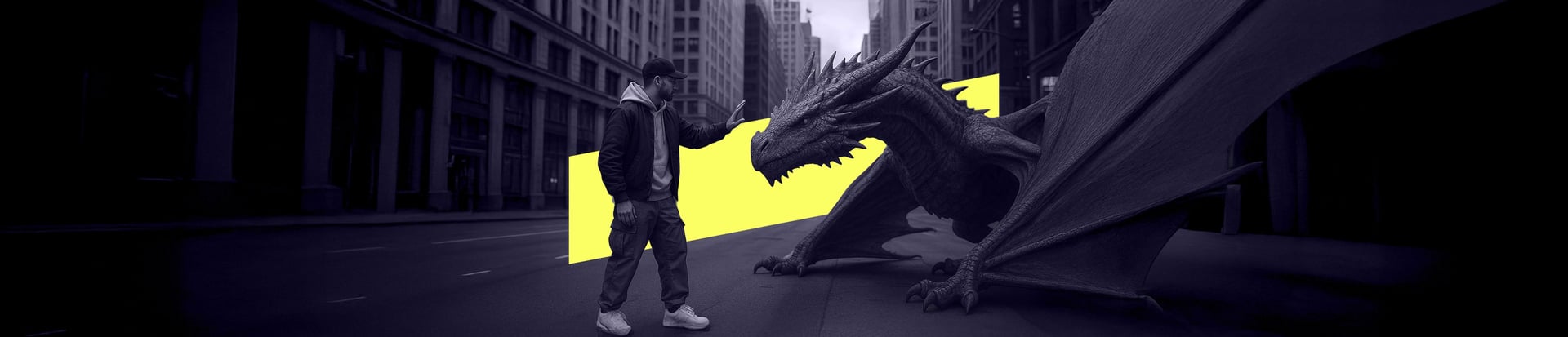 A man in casual streetwear stands calmly in the middle of a city street, holding out his hand to gently touch the snout of a 