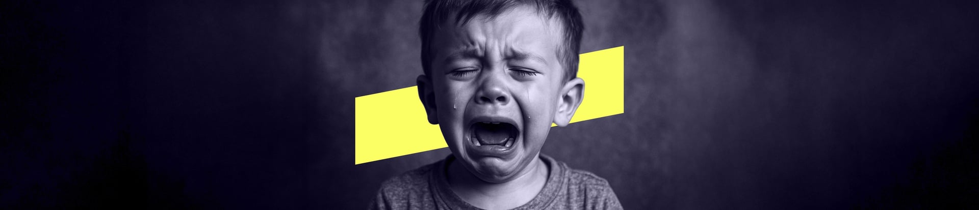 A young boy cries with his eyes shut tight and tears streaming down his face, against a bold yellow background shape.