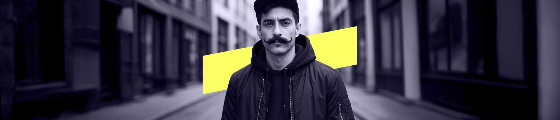 A man with a bold moustache stands confidently in the street, dressed in dark casual clothing, with a bright yellow banner.