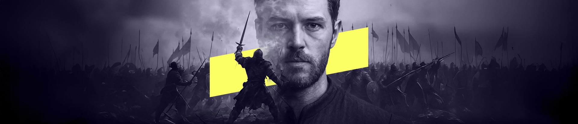 A man’s calm, determined face blends with a dramatic battlefield scene where an armoured warrior raises his sword amidst char