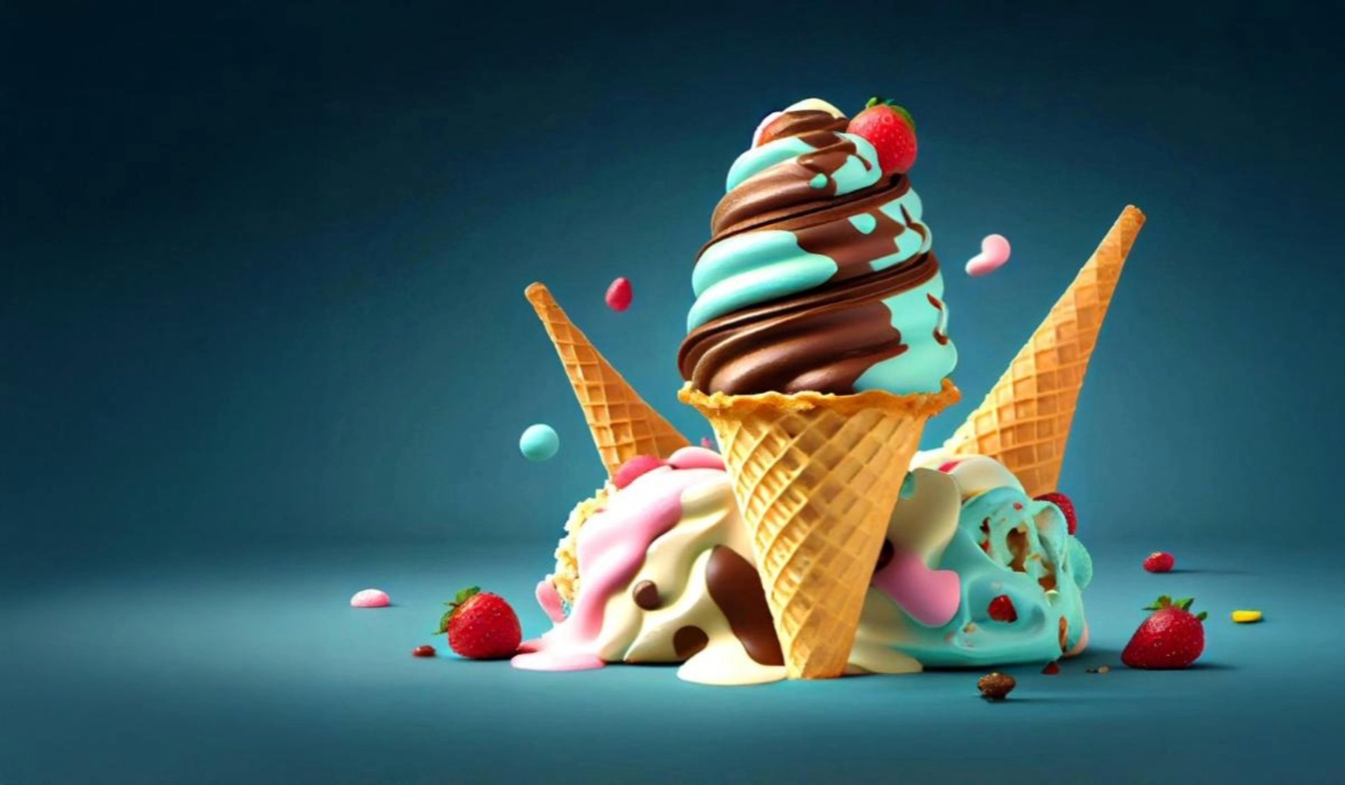 three ice cream cones with blue icing on them