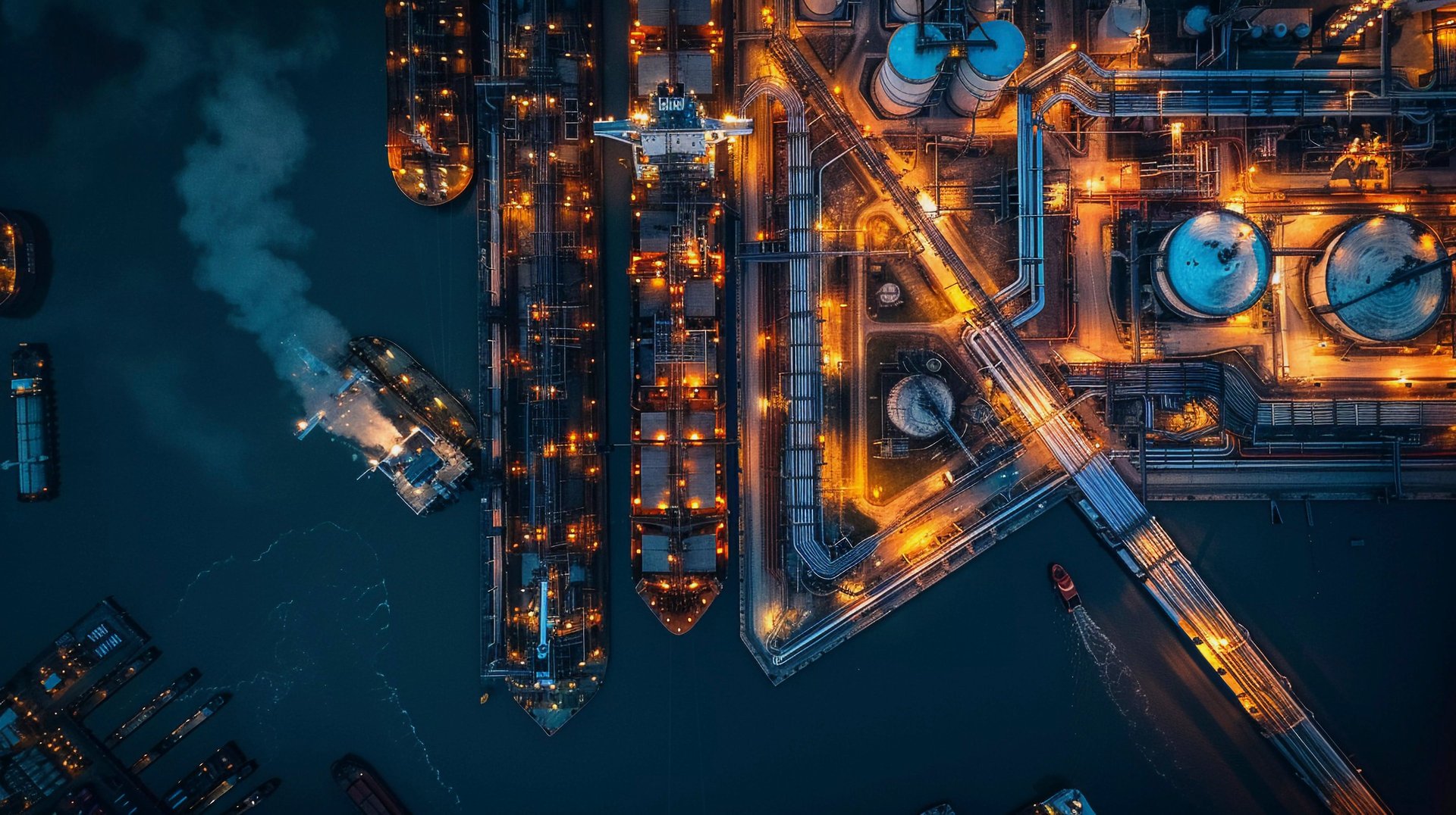 Shipping containers stacked at a busy port at sunset.