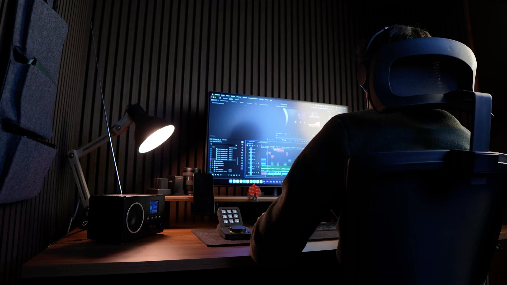 Person coding on laptop overlooking city lights at night