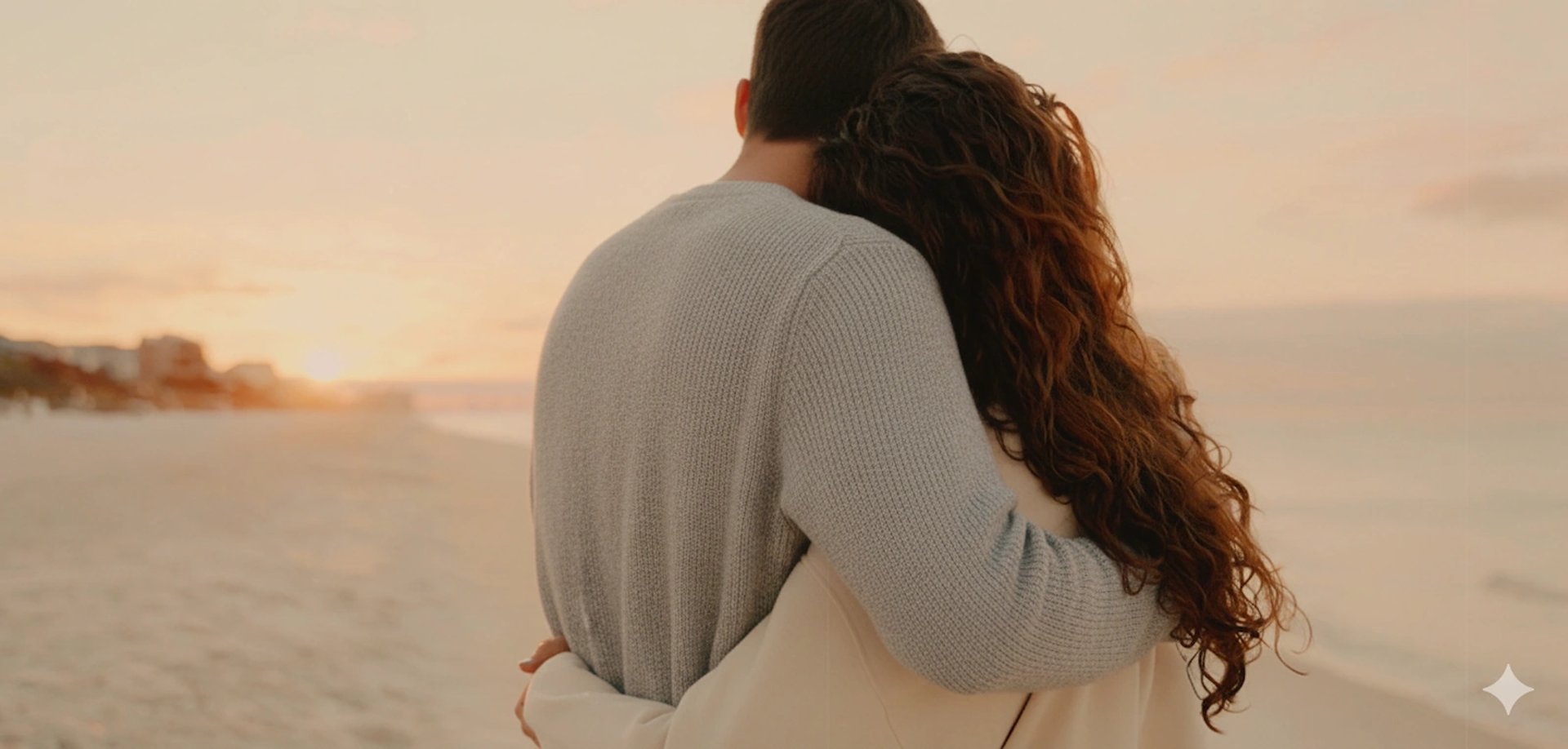 Paar umarmt sich am Strand bei Sonnenuntergang – bewusste Liebe und Paarcoaching bei Mahoni