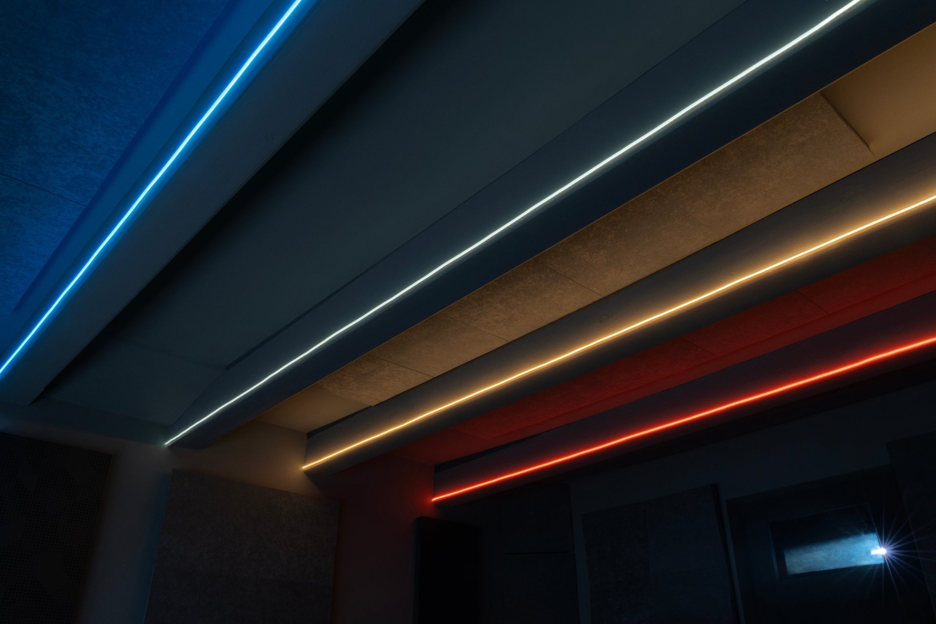 an abstract photo of a curved building with a blue sky in the background