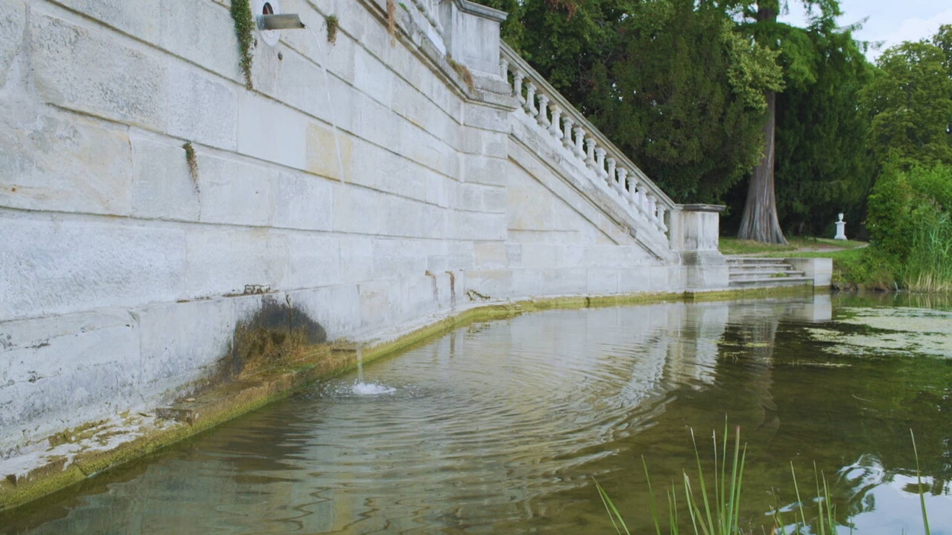 Film still from "Abandonment" by Tina Bikic of a performer lying on wet stone steps beside a lake with green algae.