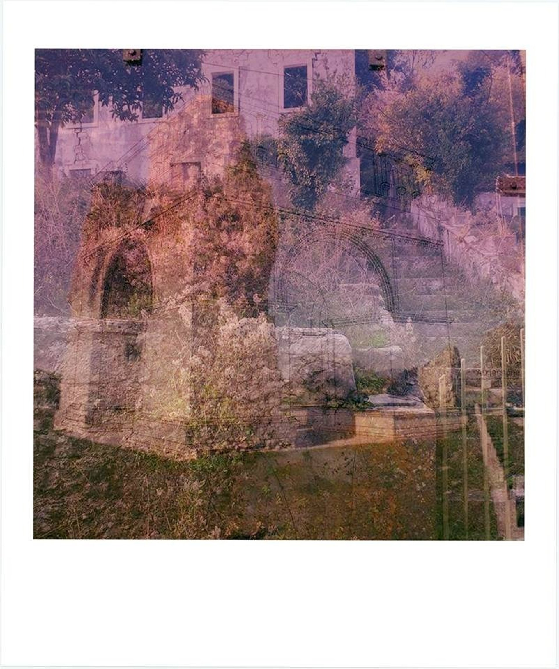 Film still from "Unseen Realities" by Tina Bikic showing a layered double exposure of stone ruins and foliage.