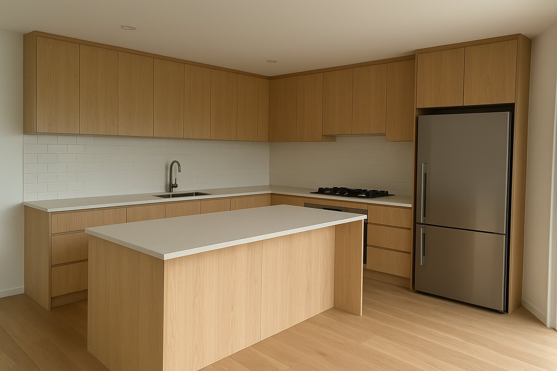 A kitchen with a sink, stove, and cabinets