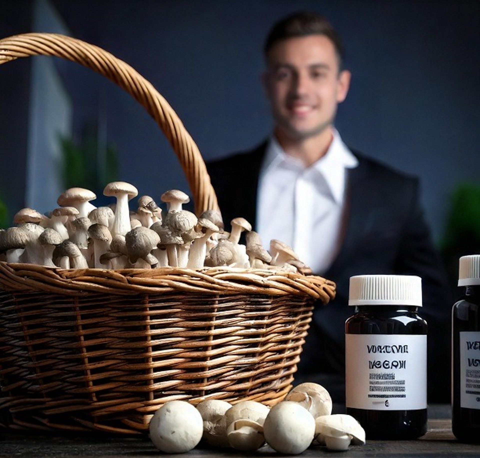 persona con cesta de hongos medicinales y botes de capsulas de hongos