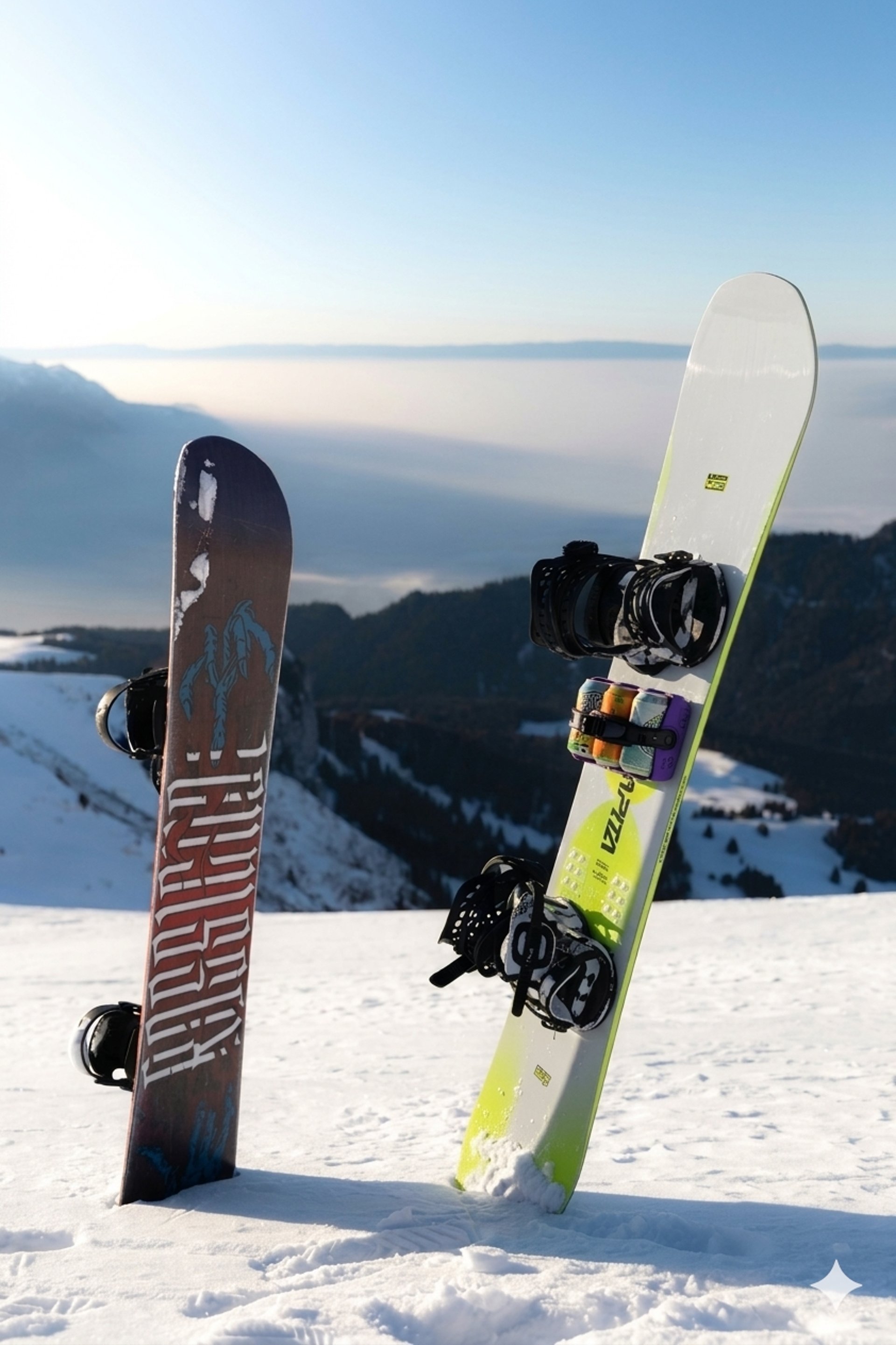 Two snowboards stand in the snow