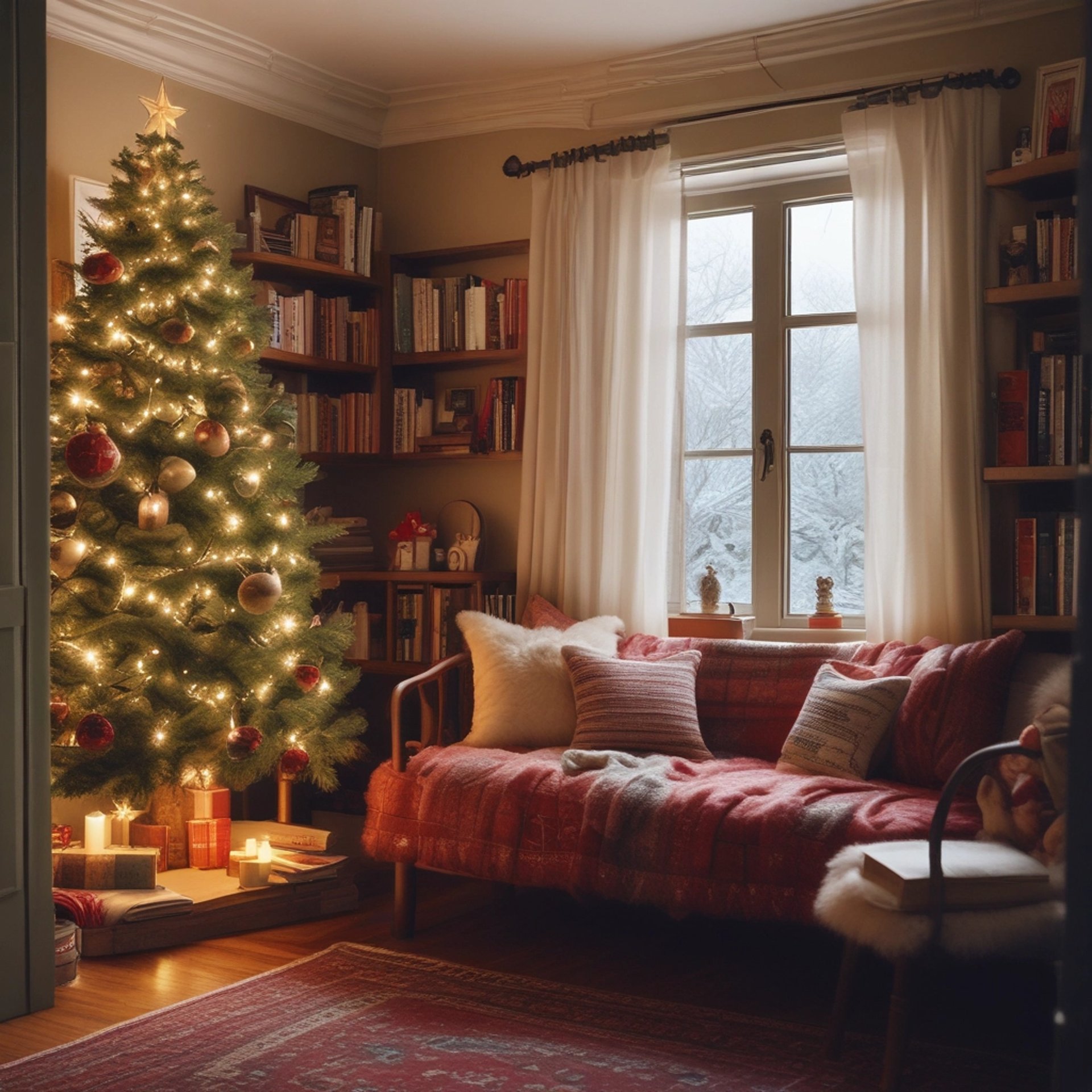 a living room filled with furniture and a christmas tree