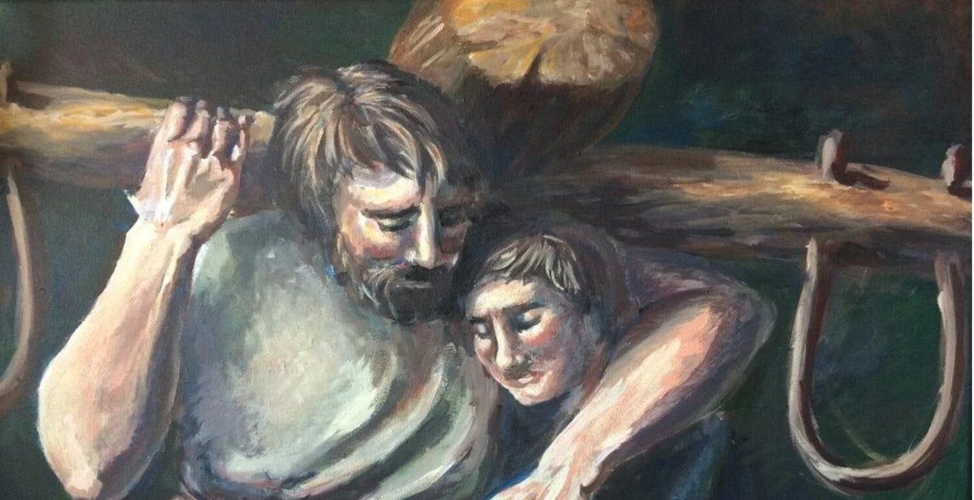 father and child beside bare tree painting