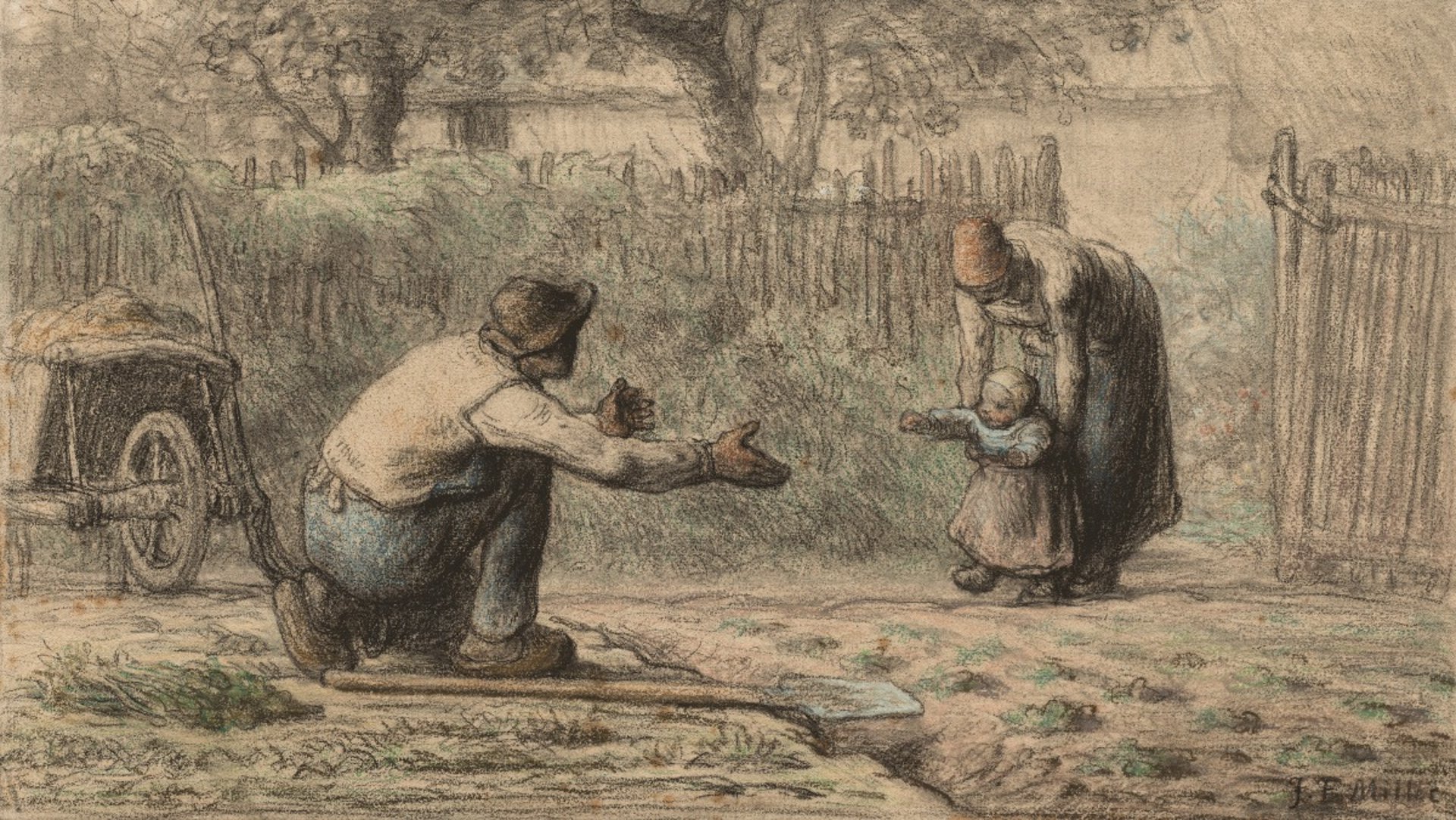 father and child beside bare tree painting