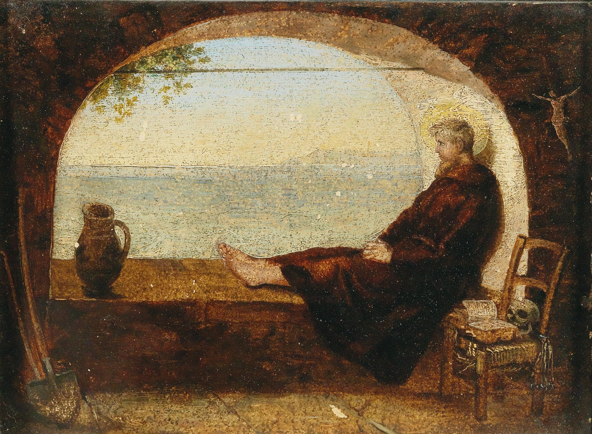 father and child beside bare tree painting