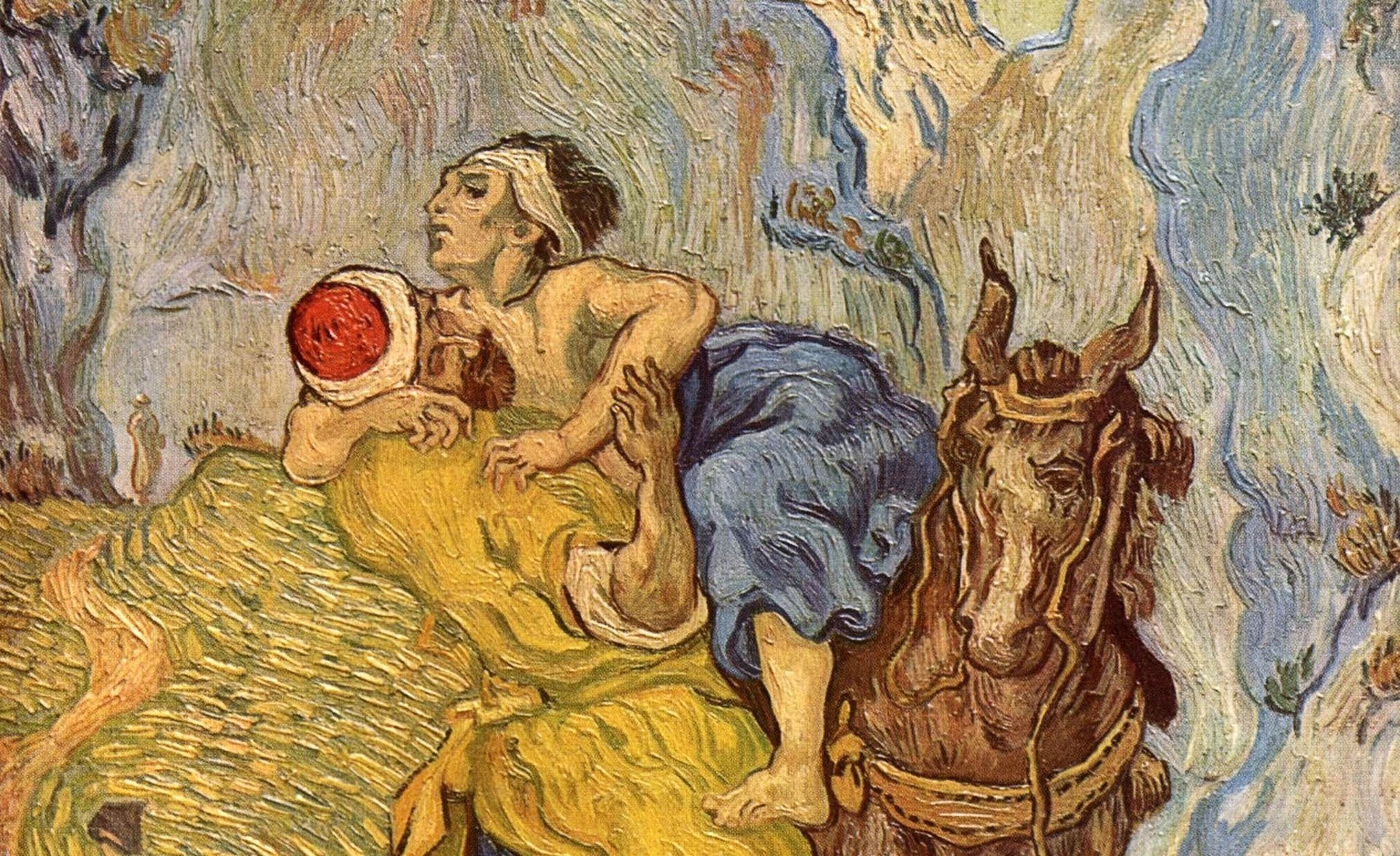 father and child beside bare tree painting